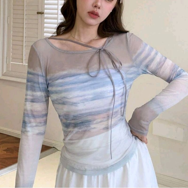 พร้อม​ส่ง​ เสื้อ​ซีทรู​แขน​ยาว​ลาย​มัด​ย้อม​ เสื้อ​ซีทรู​ลายมัด​ย้อม​สีเทาฟ้า