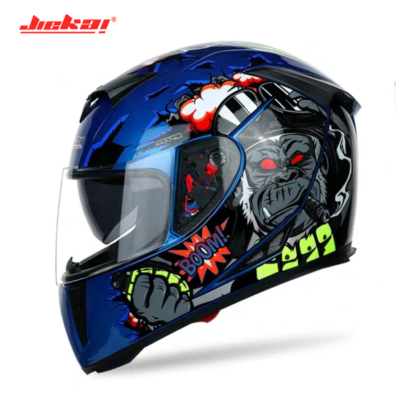 JIEKAI หมวกกันน็อค แว่น2ชั้น เต็มใบ  A7 ลายคิงคองน้ำเงิน (Size:M L XL)