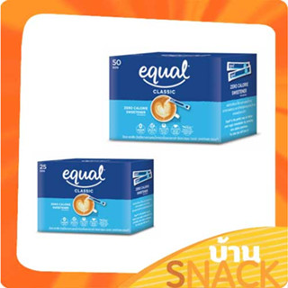 Equal Classic อิควล คลาสสิค ผลิตภัณฑ์ให้ความหวานแทนน้ำตาล  25 ซอง 50 ซอง 0 Kcal กล่องน้ำเงิน