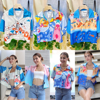 summer crop เสื้อครอป เอวลอย เสื้อเชิ้ตแขนสั้น ลายปริ้น