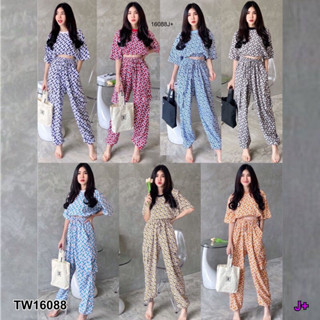 TwinsShopVip💗พร้อมส่ง  TW16088 Set เสื้อครอปแขนสั้นเอวยางยืด+กางเกงขายาวปลายขาจั๊ม พิมพ์ลาย#5/3