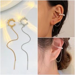 [ มีสองสี ] ต่างหูหนีบมุกห้อสโซ่ • Minimal Pearl Chain Ear Cuff