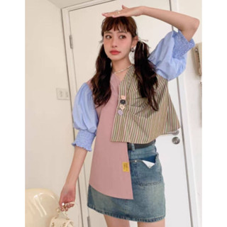 เสื้อเชิร์ตตัดต่อลายฟ้าชมพู