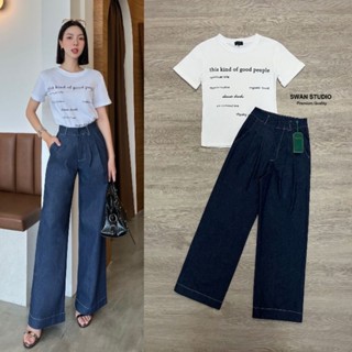 🔖ป้าย Swan เซทเสื้อยืดสีขาวสกรีนวลีภาษาอังกฤษ มากับกางเกงขายาวสียีนส์เข้ม ทรงขาตรง เป็น everyday look ที่ใส่ได้จริง