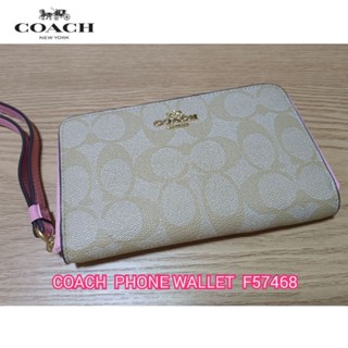 🔥🔥Sale พร้อมส่งสีชมพู🔥🔥COACH PHONE WALLET F57468 กระเป๋าสตางค์ใบกลางคล้องข้อมือ ใส่โทรศัพท์