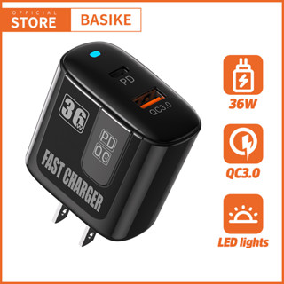 Basike หัวชาร์จ PD 36W QC3.0 Fast Charger อุปกรณ์ชาร์จ ชาร์จเร็ว Type C+USB-A 2 พอร์ต Adapter