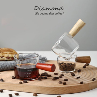 ❤ Diamond Coffee ด้ามจับไม้ ถ้วยแก้วเอสเพรสโซ่ ปากเดี่ยวพร้อมถ้วยวัดแก้วขนาด  ทนต่ออุณหภูมิสูง