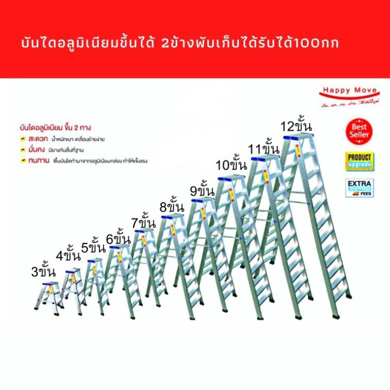 บันไดช่าง บันไดอลูมิเนียมขึ้นได้ 2 ข้าง 3-8 ขั้น บันไดพับเก็บได้ รับน้ำหนักได้ 100กก. Happy Move
