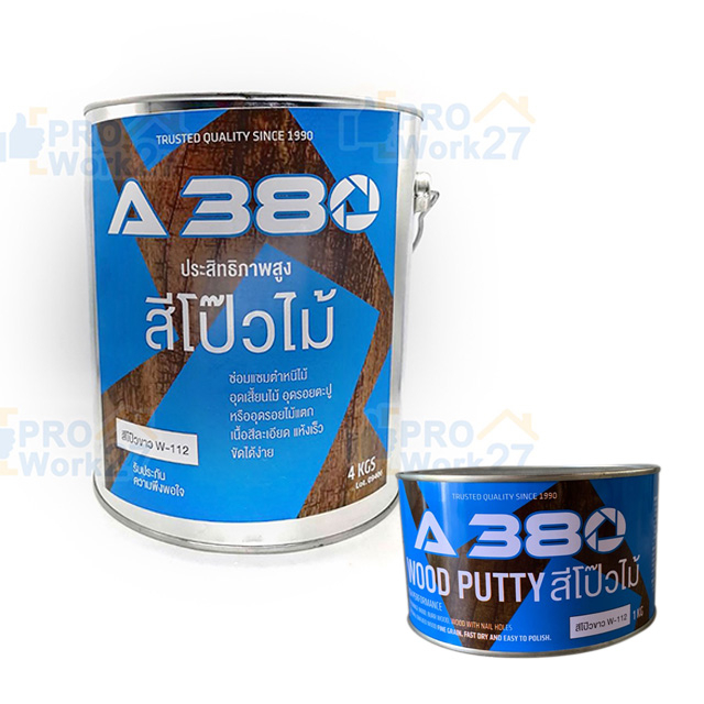 ++A380 สีโป๊วไม้ขาว W-112 ปริมาณ 4 KG เนื้อสีเยอะ ยุบตัวน้อย การยึดเกาะ ยืดหยุ่นได้ดี ไม่แตกร่วน