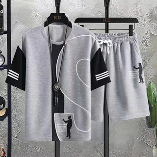 TS MEN ฤดูร้อนล่าสุดลำลอง เสื้อเซ็ต (เสื้อ+กางเกงขาสั้น) ดีไซน์เก๋ หลวมสบาย ได้ทั้งชายและหญิง มี3สี TZ10