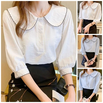 (พร้อมส่งจากไทย) เสื้อเชิ้ตคอบัวสีฟ้าขาวใส่สบาย[G20]
