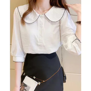 (พร้อมส่งจากไทย) เสื้อเชิ้ตคอบัวสีฟ้าขาวใส่สบาย[G20]