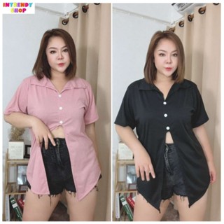 พร้อมส่ง.เสื้อยืดแฟชั่นสไตร์เซ็กซี่สาวอวบ รุ่นคอปกผ่าหน้าติดกระดุม Free size:46 - 52 นิ้ว.