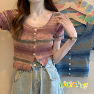 Cicishop(7285)เสื้อครอปแขนสั้น มีกระดุมหน้า แต่งลายทางสีพาสเทลสุดน่ารัก