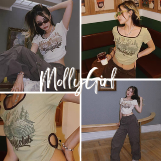 mollygirl เสื้อครอปวาวข้างๆY2K สีพื้น พร้อมส่งในไทย 56098#