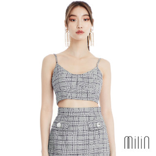 [MILIN] Frond Top Scoop v neck Glen Check Tweed Crop top เสื้อสายเดี่ยวผ้าทวีดทรงครอปคอวี