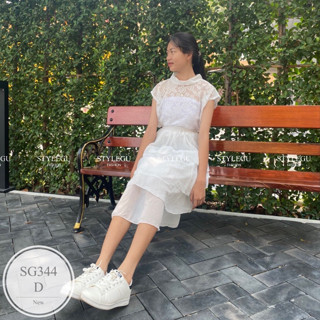 SS344 Set 3 ชิ้น เสื้อลูกไม้แขนกุด มาพร้อมเกาะอก ใส่คู่กับกระโปรงขนมชั้น ผ้าชีฟอง มีซับใน