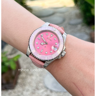 Seiko Mod submarine Ceramic Pink Dial with crocodile leather strap