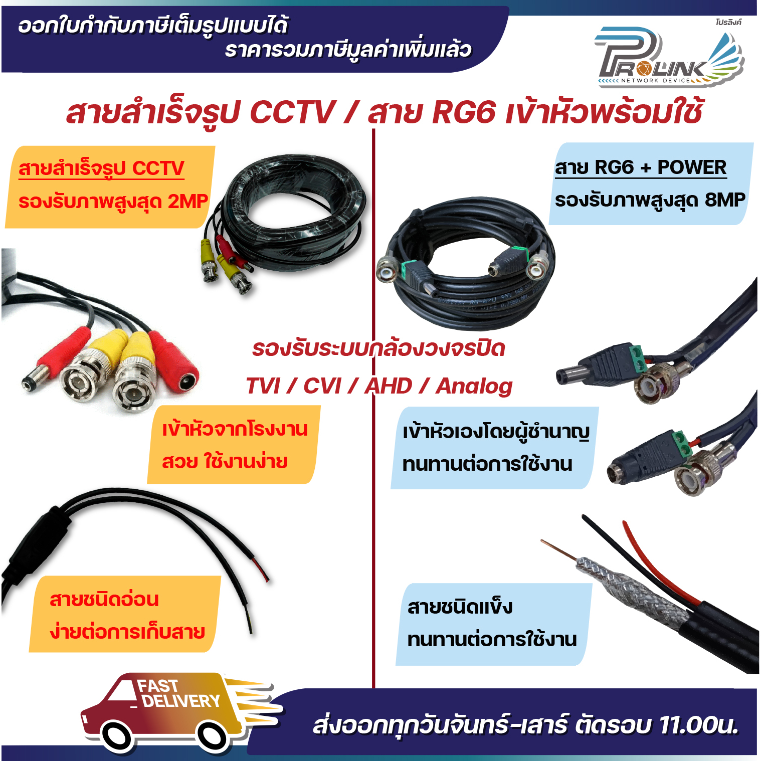 ส่งไว สาย RG6 Power พร้อมเข้าหัว สายกล้องวงจรปิด สายcctv  ยาว 5 เมตร - 50 เมตร จากร้าน prolinkshop