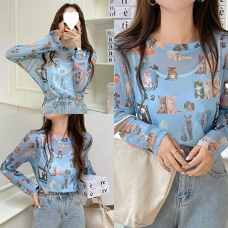 🔥ราคาถูกที่สุด🔥เสื้อยืดแขนยาวคอกลม ผ้าซีทรูนิ่มยืด ลายน้องแมวทั้งตัว ไม่มีซับใน