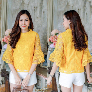 เสื้อลูกไม้แขนกระดิ่ง คอกลม แขนสั้นกระดิ่งสวยๆ ผ้ามีซับใน