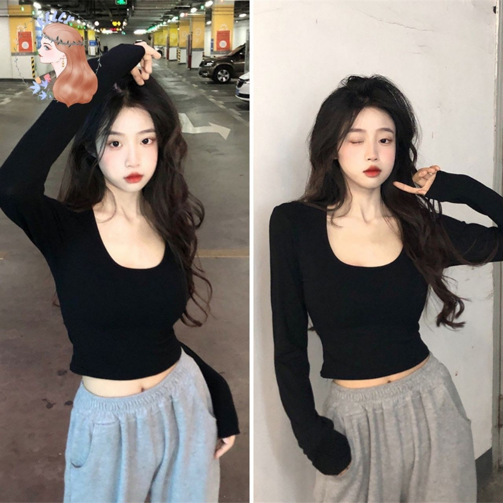 🌟สไตล์ใหม่ที่เรียบง่าย เสื้อยืดคอยู👕 หญิงเเขนยาว มี 2 สี เเฟชั่นใหม่💋💋ไซส์ M -2XL🧸TS1087