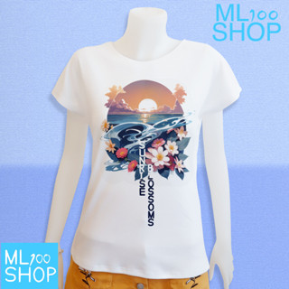 เสื้อยืดลาย Sunrise blossoms ผ้า TK พิมพ์ลายลงในเนื้อผ้า - ML100SHOP (คอปาด)