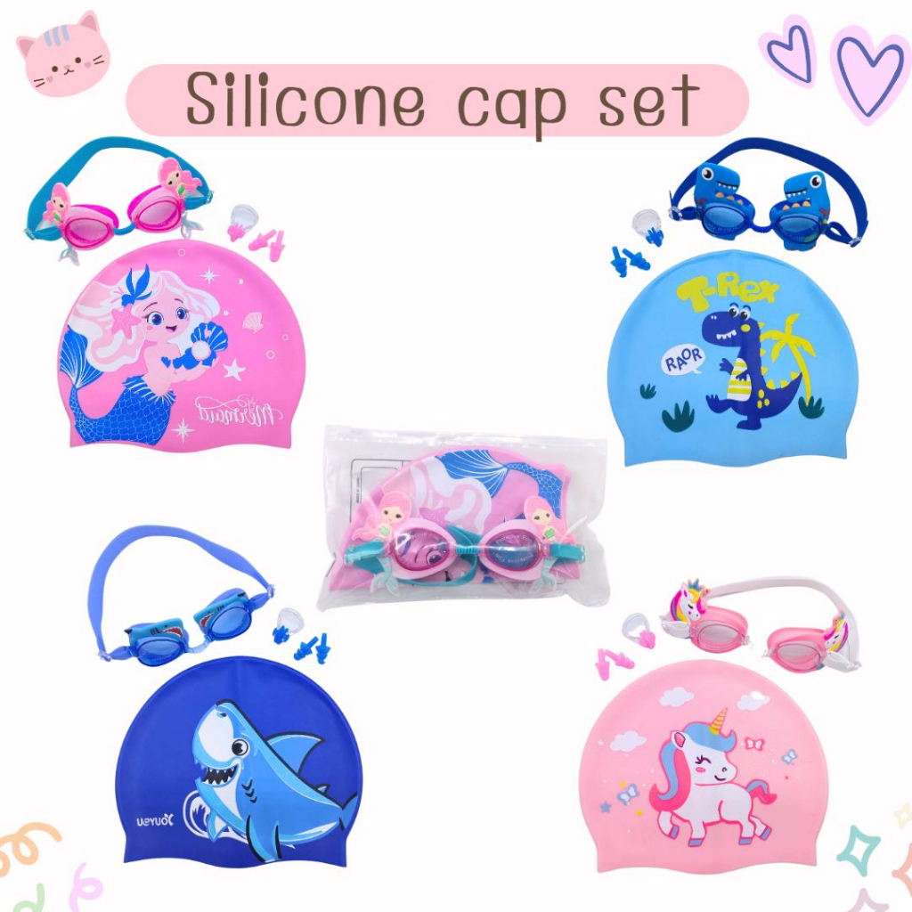 summer story แว่นตาว่ายน้ำเด็ก+หมวกซิลิโคน Silicone cap set ซิลิโคนสําหรับเด็กผู้ชาย เด็กผู้หญิง