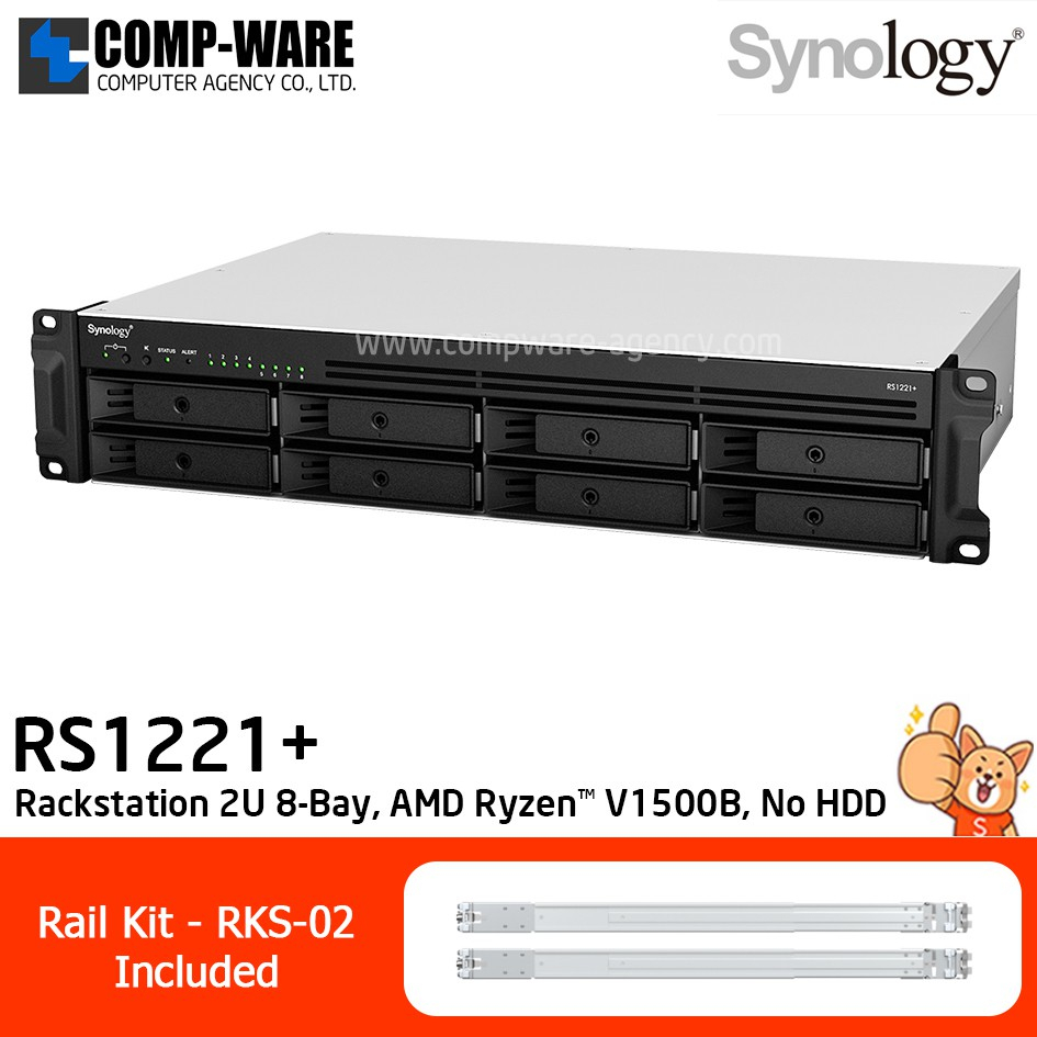 Synology RackStation (2U 8-Bay) RS1221+ (4GB RAM up to 32GB) AMD Ryzen V1500B, w/Rail Kit RKS-02 , N