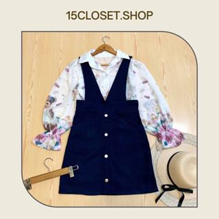ชุดเซตเสื้อชีฟองแขนยาวลายดอกไม้+มินิเดรสเอี๊ยมยีนส์