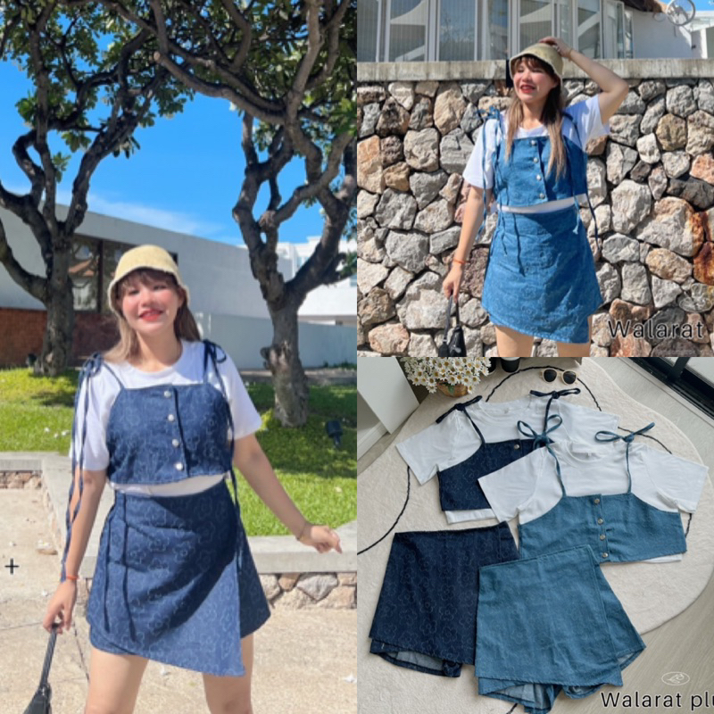 WP ชุดเซ็ต3ชิ้น เสื้อยืด+เสื้อสายเดี่ยว+กระโปรงกางเกงผ้ายีนส์ลายดอกไม้ plussize
