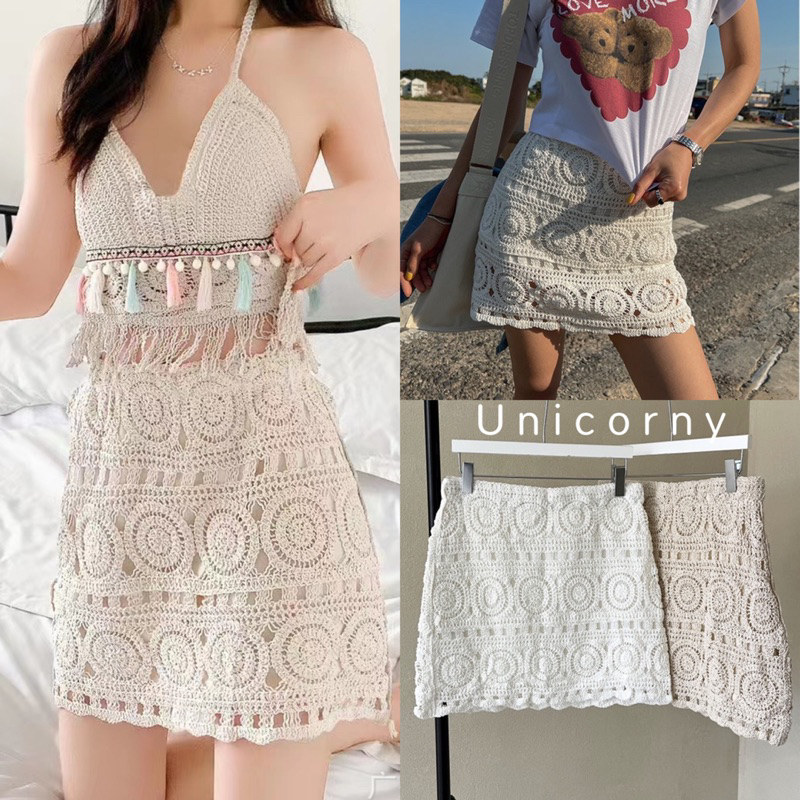 Unicorny กระโปรงถัก กระโปรงสั้นถักลายวงกลม เอวยางยืดมีซับด้านใน กระโปรงใส่ไปทะเล โบฮีเมียน bohemians