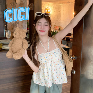 Cici(NO.J085-1)เสื้อสายเดี่ยวลายดอกไม้ ดีเทลผูกหน้า ใส่แล้วดูลูกคุณสุดๆ