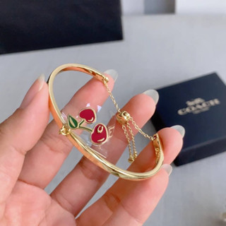 🎀 กำไล สีทอง เชอรี่ Coach CG085 Heart Cherry Slider Bracelet กำไลข้อมือ สีทองชมพู  Plated brass, enamel