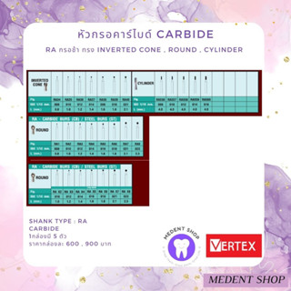 [ ยี่ห้อ Vertex ] หัวกรอคาร์ไบด์ Carbide RA กรอช้า ทรง  Inverted cone , Round , cylinder (1กล่องบรรจุ5ตัว)