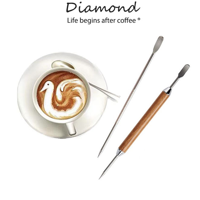 Diamond Coffee ปากกาวาดลายกาแฟ ลาเต้ อาร์ต สแตนเลส ด้ามไม้ 13.5 ซม. อุปกรณ์ร้านกาแฟ เข็มวาดกาแฟ สแตนเลสสตีล