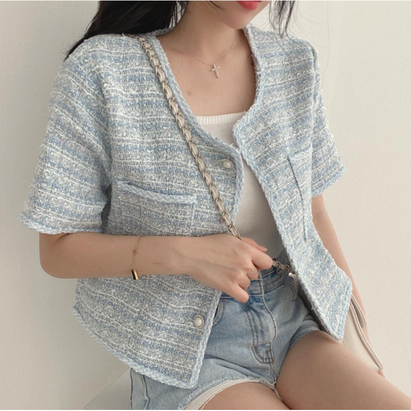 พร้อมส่ง เสื้อทวีตแขนสั้น เสื้อคลุมผ้าทวีต เบลเซอร์ผ้าทวีต กระดุมมุก