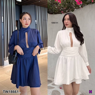 18661 เดรสแขนยาว แหวกอก กระโปรงบาน Long sleeve dress, split chest, flared skirt