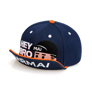 MMLABCREW หมวก Cap ปีกด้านหน้ายกได้ ลาย Hey Bro Mr.Mai สีน้ำเงินปีกส้ม