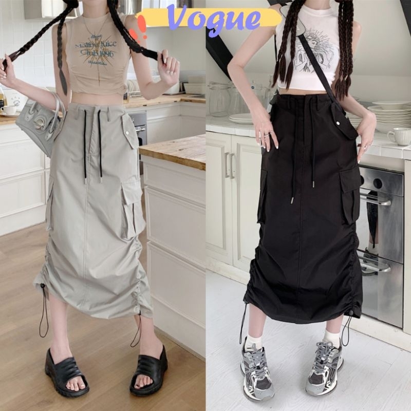 Vogue พร้อมส่ง กระโปรงยาวเอวสูง เอวสม๊อคยืดเล็กน้อย มีกระเป๋า2ข้าง (2327) -NZ-XM