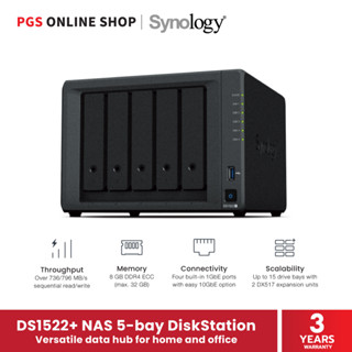 Synology DS1522+ NAS 5-bay DiskStation, AMD Ryzen R1600, 8GB DDR4 ECC SODIMM, 2 x M.2 NVMe SSD, 4x1GbE Base T