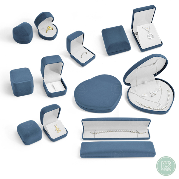 รวมกล่องกำมะหยี่สีเทาฟ้าใส่เครื่องประดับ กล่องใส่แหวน ต่างหู สร้อย กำไล ใส่จิวเวอรี่มีให้เลือกแบบได้