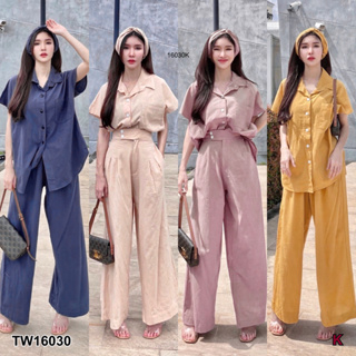 TwinsShopVip💗พร้อมส่ง TW16030 Set 3 ชิ้น เสื้อเชิ้ตแขนสั้น+กางเกงขายาว+ผ้าคาดผม