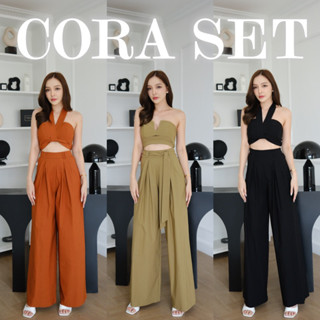 Cora Set เซ็ต3ชิ้น(เสื้อ,เชือก,กางเกง) ผ้าดีดลินิน ตัวเสื้อทรงอกวีมีเชือกจะถอดมัดคอหรือผูกเข็มขัดเก๋ตัวกางเกงกระบอกใหญ่