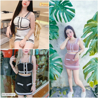 BS3698  เซตผ้าเทพแต่งแถบซิกแซก เสื้อครอปสายเดี่ยว แต่งกระดุม มาพร้อมกระโปรงสั้นเข้าเซต ลุคผู้ดีสุดๆ  ---นางแบบใส่งานขายจ