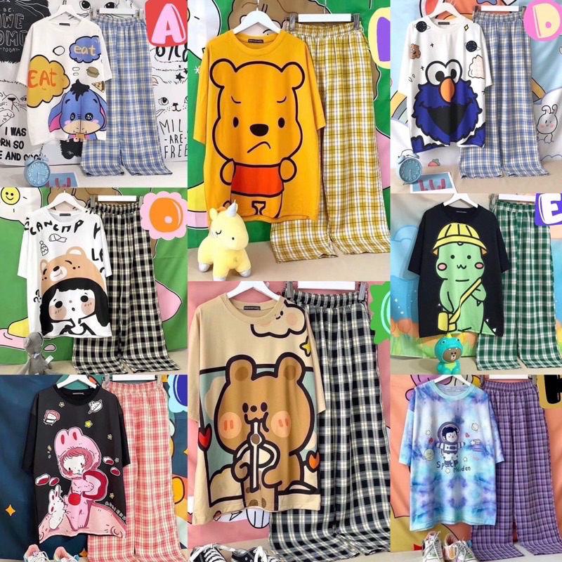ลายใหม่ เซท ชุดนอน เสื้อยืดคอกลม+กางเกงลายสก็อต ลาย น่ารักๆ เสื้อทรงโอเวอร์ไซส์ ผ้าคอตตอน เนื้อผ้านิ่ม ใส่สบาย