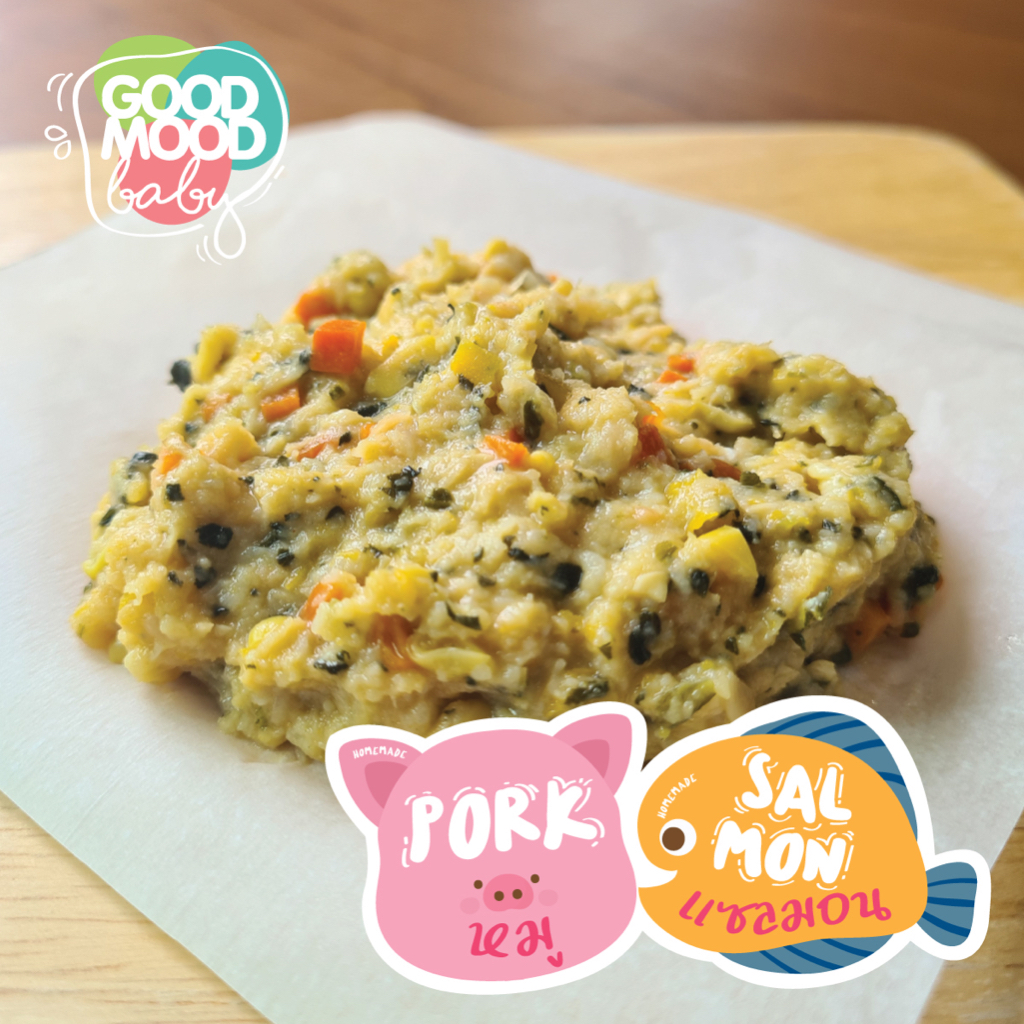 บะช่อหมูแซลมอน ผสมผัก 5 ชนิด ไม่ปรุงรส สำหรับเด็ก