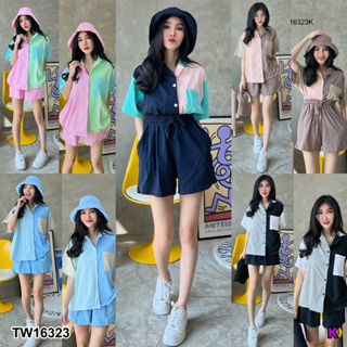 TwinsShopVip💗พร้อมส่ง TW16323 Set 3 ชิ้น เสื้อแขนสั้นคอปก + กางเกงขาสั้น + หมวกบัคเกต