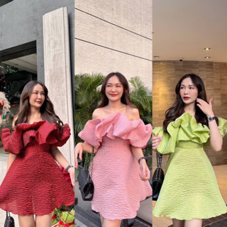 พร้อมส่ง🌈minidress เดรสสั้นปาดไหล่ แต่งฟูๆจับจีบรอบอก น่ารัก🍭เดรสออกงาน