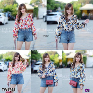 CS4758 เสื้อแขนยาว แต่งระบายคอ ลายดอก (สาวอวบ)#A12-1 Long-sleeve shirt, decorated with ruffle neck, flower pattern (chub